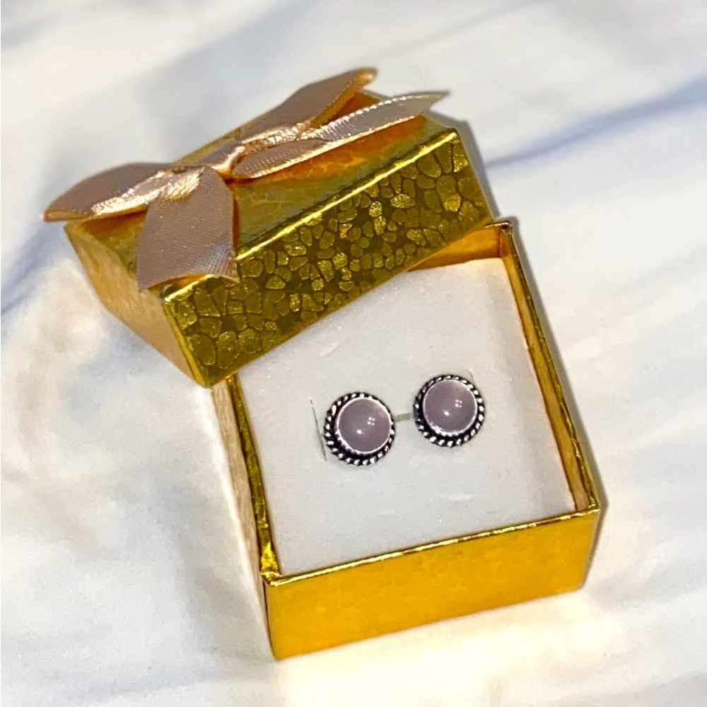 Handmade Natural Polished Rose Quartz 925 Sterling Silver Overlay Earrings